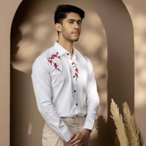 FOOMER White Embroidered Designer Wear Satin Cotton Shirt for Men